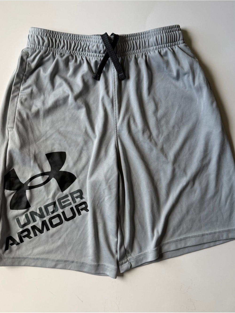 Under Armour Youth Light Gray Athletic Shorts with Black Logo